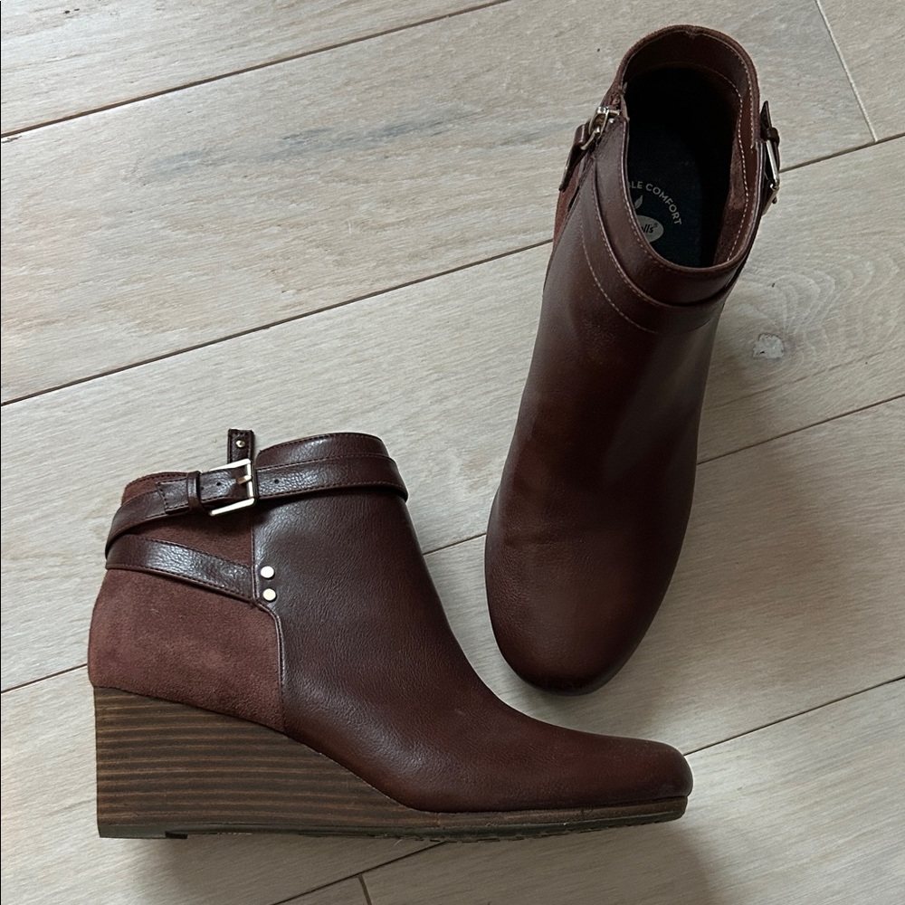 Women's Brown Wedge Ankle Boots with Buckle Detail